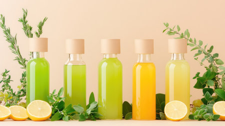 Fresh green and yellow juice bottles with kraft paper labels, styled with leaves and herbs on a neutral background to highlight natural ingredientsの素材