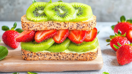 Homemade fruit sandwich with layers of kiwi and strawberries, showcasing freshness and vibrant natural colorの素材