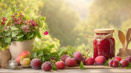 Homemade plum jam beside freshly picked plums on burlap with wooden utensils and cozy kitchen propsの素材