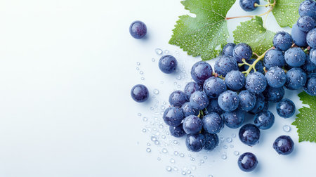 Fresh juicy dark purple grapes with sparkling water droplets and attached green leaves, isolated on a white background for a natural lookの素材