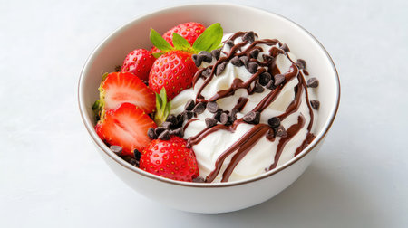 Fresh strawberries in a minimalist bowl, garnished with chocolate swirls and crispy chips for a sweet, clean aestheticの素材