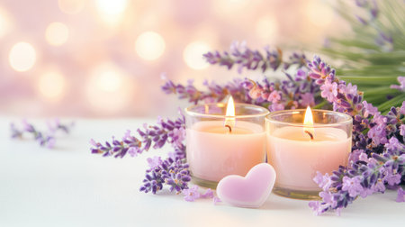 Romantic setup with flickering heart candles framed by lavender flowers, perfect for tranquil settingsの素材