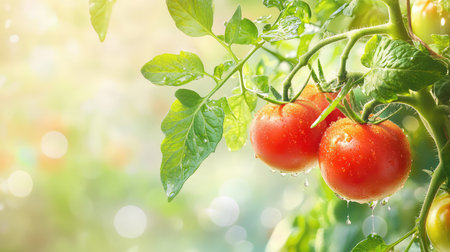 Garden scene with tomato plant glistening after rainfall, raindrops catching light on vibrant greenの素材