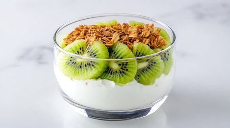 Fresh kiwi slices and granola over creamy yogurt, styled neatly in clear bowl on white marble tabletopの素材