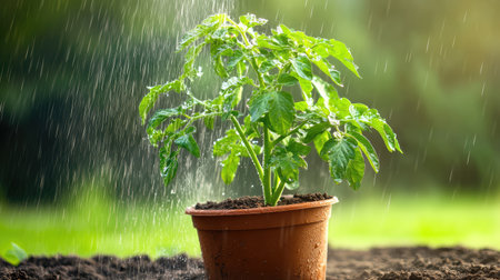 Sparkling rain on leafy tomato plant in pot, garden soil and soft green tones in natural home garden settingの素材