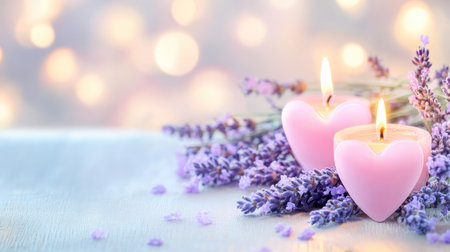 Serene candlelight from heart shapes framed with lavender, ideal for wellness, spa, or romantic visualsの素材