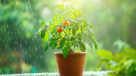Lush potted tomato plant with water droplets after rain, surrounded by green in a home garden cornerの素材