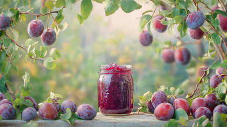 Rustic setup featuring a mason jar of dark plum jam with plums arranged naturally around itの素材