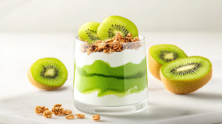 Marble counter shot of kiwi yogurt with rich cream swirl and crisp granola in minimalist dessert setupの素材