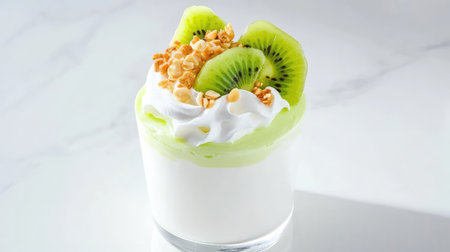 Close-up of swirled yogurt dessert with kiwi and crunchy toppings on bright marble kitchen counterの素材