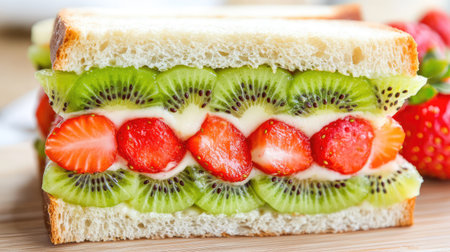 Close-up of a kiwi-strawberry sandwich, cut neatly to reveal colorful fruit layers inside soft, airy breadの素材