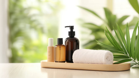 Relaxing spa setup with high-end product bottles and fresh towel styled for a calm, wellness-focused sceneの素材