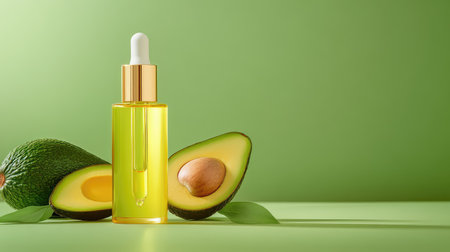 Dropper serum bottle styled with avocado and warm highlights, evoking hydration and natural nourishmentの素材