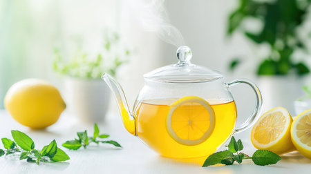 Herbal lemon tea in a glass pot with delicate steam curls on a white surface, captured in a cozy indoor settingの素材