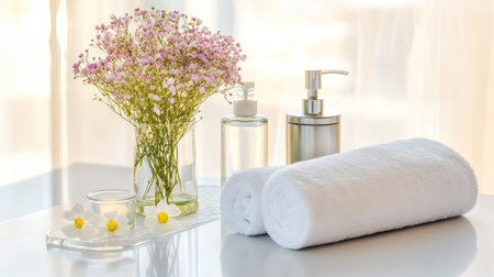 Glass and matte spa containers beside a rolled towel styled in a minimalist wellness settingの素材