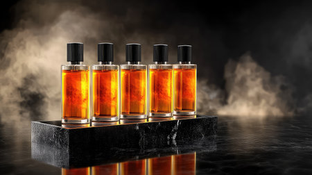 Amber glass vape juice bottles lined up on a reflective black acrylic riser, with soft highlights showcasing premium packagingの素材