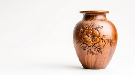 Artistic wooden vase carved with detailed floral motifs in rich brown, isolated on white for a clean, minimalist product imageの素材