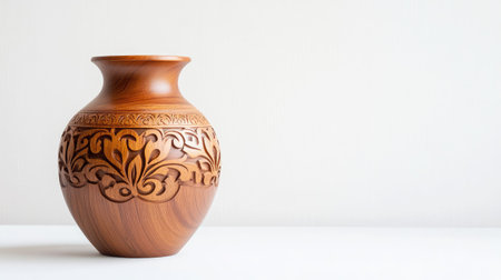 Beautifully carved brown wooden vase with ornate textures and detailed craftsmanship, isolated on white with soft lightingの素材