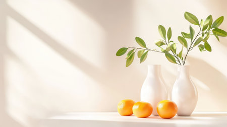 Bright natural light illuminates minimalist still life with fresh oranges and elegant white vases, soft shadows enhancing simplicityの素材