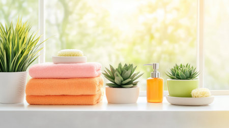 Bright natural light on bathroom shelf filled with neatly folded towels, eco-friendly toiletries, and small potted plantsの素材