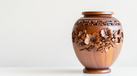 Close-up of a brown wooden vase with elaborate carved designs, displayed against a white background to highlight artistic detailの素材