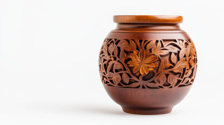 Close-up of a brown wooden vase with elaborate carved designs, displayed against a white background to highlight artistic detailの素材