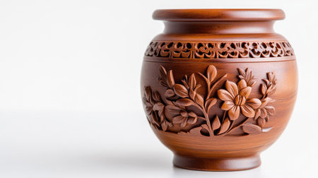 Close-up of a brown wooden vase with elaborate carved designs, displayed against a white background to highlight artistic detailの素材