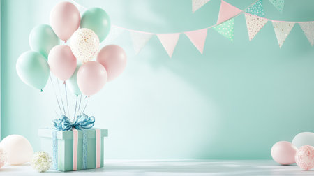 Celebration mood with pastel balloons above a blue-ribboned gift box and decorative bunting, captured on a soft light blue backgroundの素材
