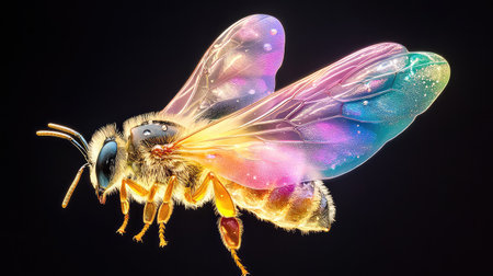 Detailed macro photography of a bee wings in motion, showing transparency, veins, and delicate nature artistry in flightの素材