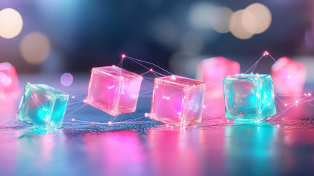 Digital network visualization featuring pink and blue cubes glowing brightly, interconnected by neon lines over a dark backgroundの素材