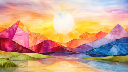 Geometric stained glass mountain design with radiant colors and faceted light reflections creating an abstract wilderness sceneの素材