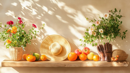 Wooden shelf adorned with straw hats, apples, oranges, and vintage leather gloves, styled naturally with sunlight casting soft shadowsの素材
