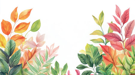 Hand-painted botanical leaf illustration in watercolor style with lush green, orange, and pink leaves on white backgroundの素材
