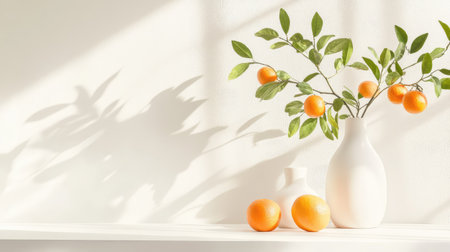 Sunlit minimalist arrangement of fresh oranges and simple white vases on a clean surface, highlighting bright colors and shadowsの素材