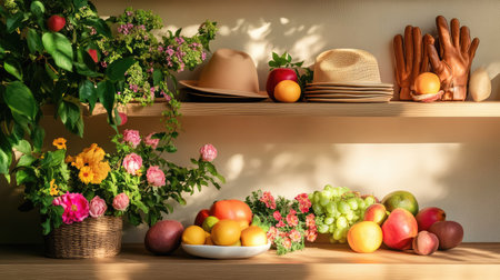 Warm wooden shelf featuring casual hats, vibrant fruit, and weathered leather gloves arranged neatly in a home setting with soft daylightの素材