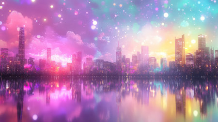 Night city skyline bursting with neon colors and abstract light patterns, creating a dynamic, futuristic urban landscapeの素材
