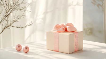 Elegant beige gift box tied with a coral ribbon, placed on a clean white surface, perfect for product packaging or festive celebration mockupsの素材