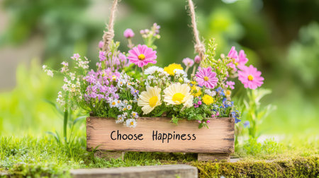 Hand-carved "Choose Happiness" sign on wooden plank with countryside flowers and rustic charmの素材