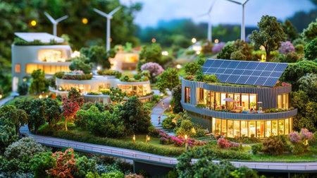 Miniature eco-town model with modern green buildings, solar fields, and wind turbines in scenic layoutの素材