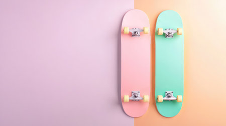 Flat lay of pastel skateboard with symmetrical color split on neutral background, modern youth appealの素材