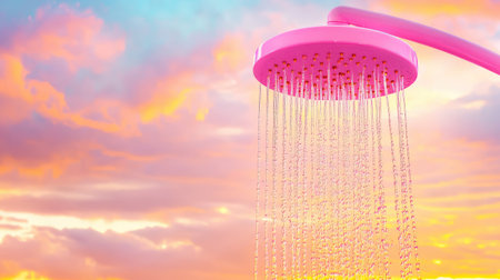 Cascading water from a sleek pink showerhead, framed by golden hour light and serene sky tonesの素材