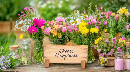 Hand-carved "Choose Happiness" sign on wooden plank with countryside flowers and rustic charmの素材