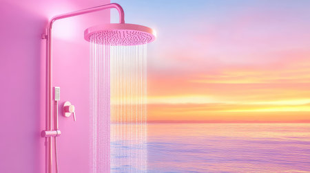 Minimalist pink shower fixture with flowing water lit by a warm horizon, tranquil and chicの素材