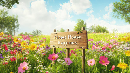 Inspirational wooden sign with wildflowers and a wooden fence under bright skies, "Choose Happiness" engravedの素材