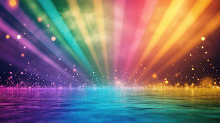 Event stage illuminated with sharp beams of colored lights in rhythmic green, violet, and blueの素材