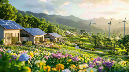 Green energy model town with solar-powered buildings and windmills dotting the outskirtsの素材