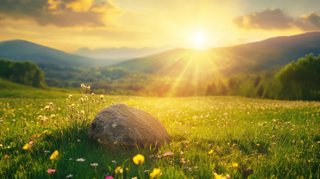 Mystical energy beams from a cracked stone in a lush meadow, blending peace with sudden cosmic powerの素材