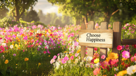 Rustic decor with "Choose Happiness" on wood, bright floral view beyond weathered fence in sunlightの素材