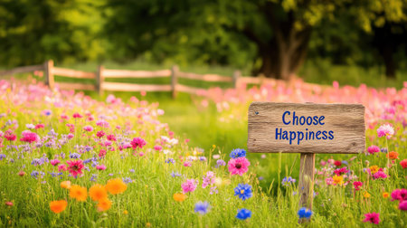 Peaceful wildflower view with rustic wooden sign reading "Choose Happiness" leaning beside an old fenceの素材