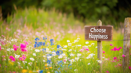 Peaceful wildflower view with rustic wooden sign reading "Choose Happiness" leaning beside an old fenceの素材